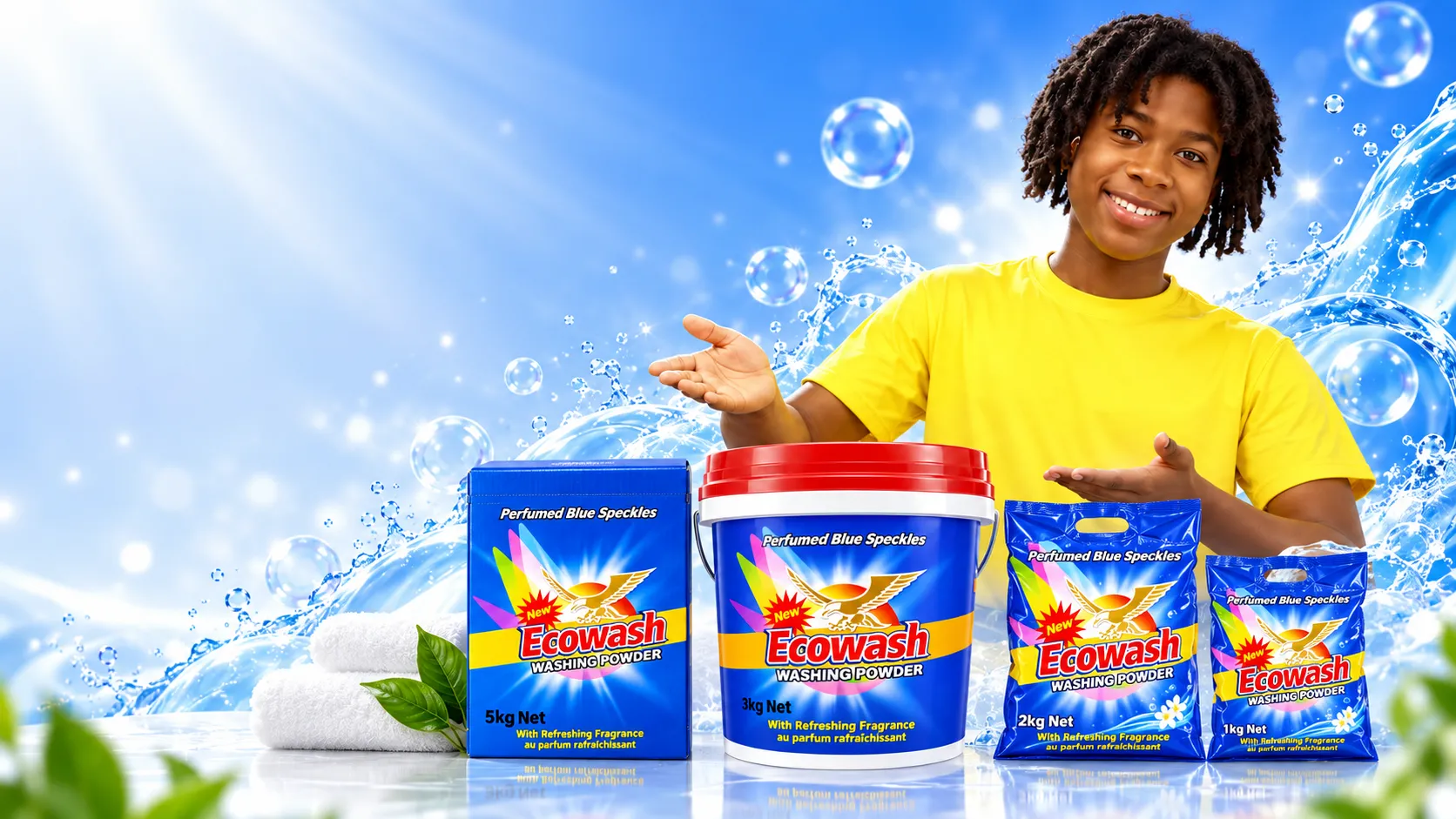 Young Ghanaian brand ambassador in a bright blue freshness scene