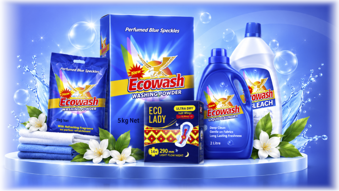 Ecowash hero product showcase with washing powder, Eco Lady Ultra Dry sanitary pads, liquid laundry soap and bleach